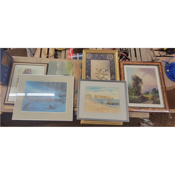 6 various pcs art, most framed, one w/ cracked glass in corner