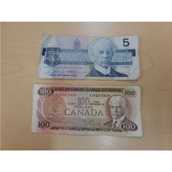 1975 $100 bill + 1986 $5 bill