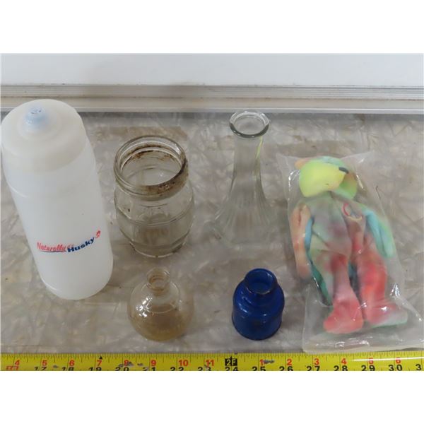 2 Unique Vintage Jars, Blue Ink bottle, Flower vase, & Husky Water bottle + Ty bear