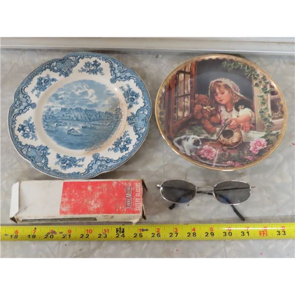 2 Decorative painted plates + Vintage Fibre Metal Safety Glasses