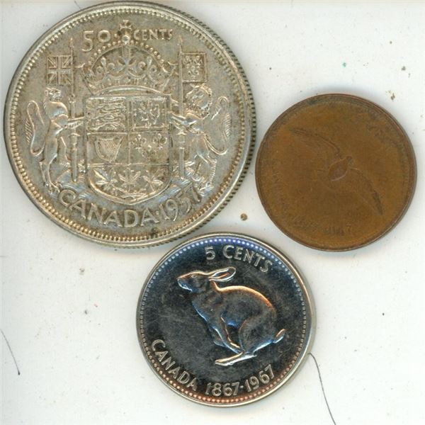 1957 silver Canada 50 cent coin + 1867-1967 Canada Nickel (Rabbit) + 1867-1967 Canada Penny (Bird)