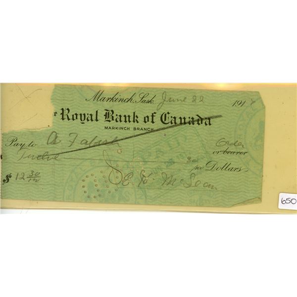 Royal Bank of Canada, Markinch, Sask. cheque dated 1917 in the amount of $12.30.