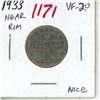 Image 1 : 1933 Near Rim Canadian Nickel 5 Cents. S is Near the Rim. VF-20.
