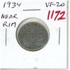 Image 1 : 1934 Near Rim Canadian Nickel 5 Cents. S is Near the Rim. VF-20.