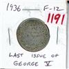 Image 1 : 1936 Canadian Silver 25 Cents. Last issue of King George V. F-12.