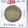1951 Canadian Silver 50 Cents. Rotated Die. AU-50. Toned.