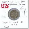 Great Britain. 1914 Silver 3 Pence. Issued during the first year of World War I. Fine.