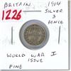 Image 1 : Great Britain. 1914 Silver 3 Pence. Issued during the first year of World War I. Fine.