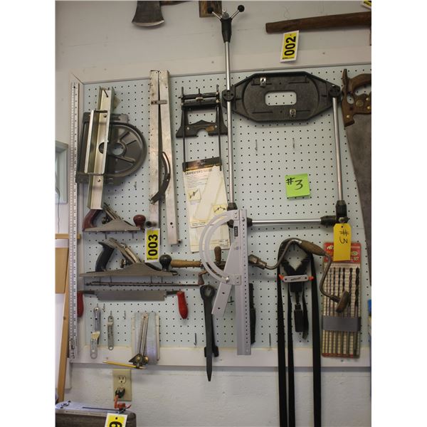 Peg board & assort. Carpentry tools, gauges, sawblades, 2- planers, saws, pin bob, drills & more