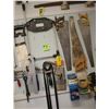 Image 2 : Peg board & assort. Carpentry tools, gauges, sawblades, 2- planers, saws, pin bob, drills & more