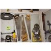 Image 4 : Peg board & assort. Carpentry tools, gauges, sawblades, 2- planers, saws, pin bob, drills & more