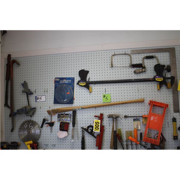 Peg board c/w handsaws, axe, handle, 2- heavy duty clamps, T-square, framer square, carpenters squar