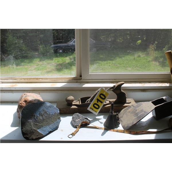 Antique hand planes & tools, antique tape measure, rocks