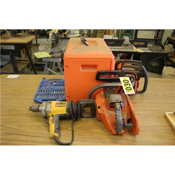 DeWalt elec. Drill c/w bits & 2- Husqvarna chainsaws c/w case