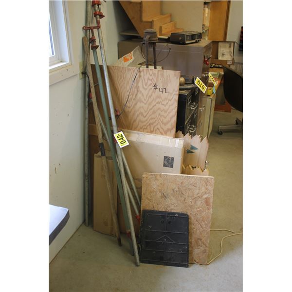 2- Parallel clamps, rake handle, shovel and misc. wood