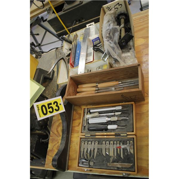Assort. Lot of scalpel set, leather punch, chisels, etc.
