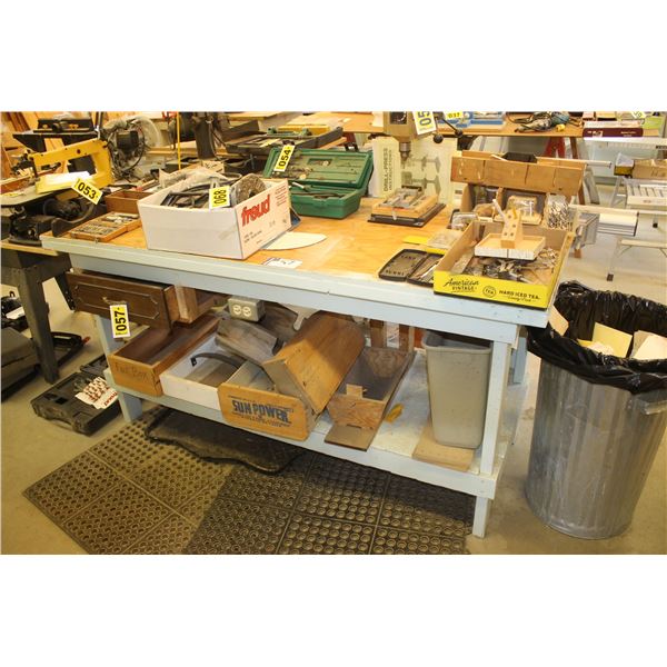 Wooden work bench c/w power and drawers, approx. 29" x 72", c/w misc. underneath