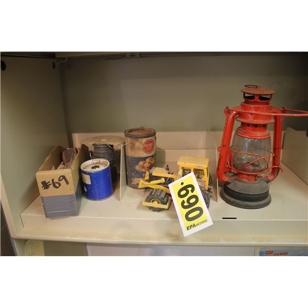 Collectible show case for mini car, lantern, bulldozer, wire & leather odds & ends