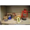 Image 1 : Collectible show case for mini car, lantern, bulldozer, wire & leather odds & ends