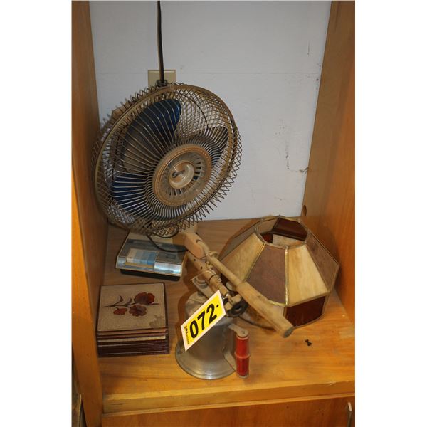 Blow torch, flower tiles, antique lampshade and fan