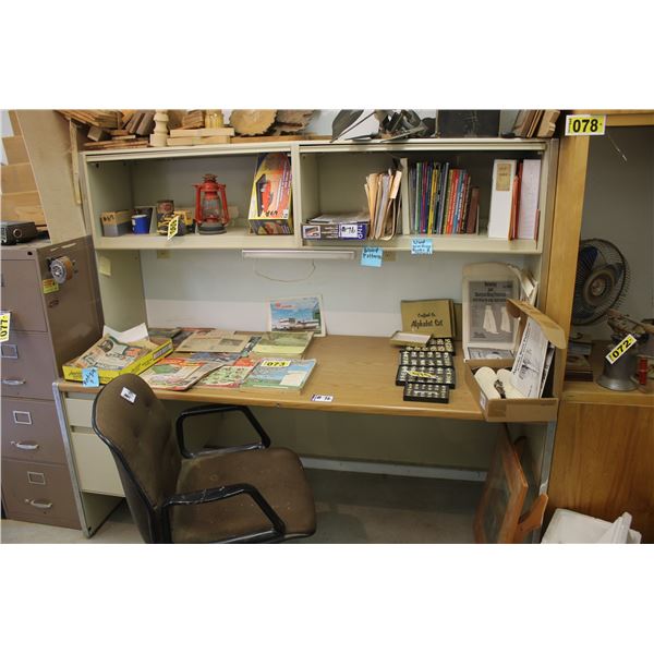 Desk & chair, 5 drawer file cabinet c/w contents, clamps and misc.