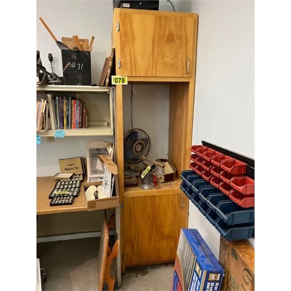 Wooden cabinet, 7' x 2' x 25" c/w 2- doors and 1- open section