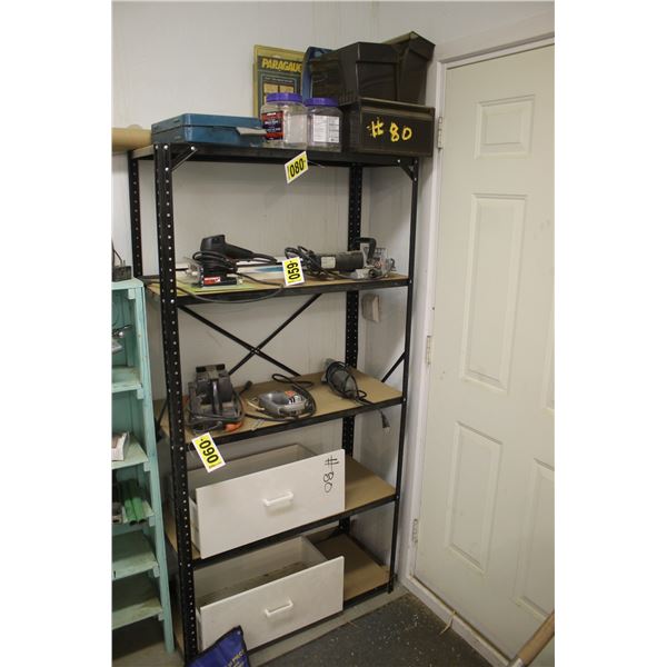 Metal shelf, drawers, black box and misc.