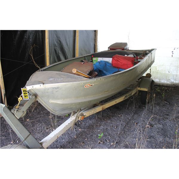 12' Alum. Boat c/w 9.9 Johnson motor and Sprint boat trailer c/w spare tire and hitch, serial # not 