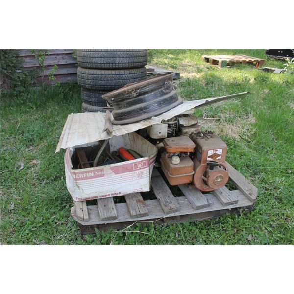2- Gas motors, rims and misc. steel and old table saw
