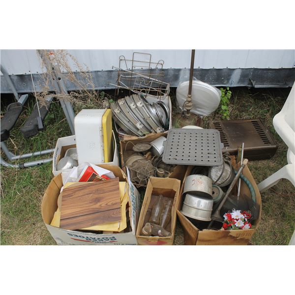 Hub caps, heater, lights, bottles, pans, exercise equip. and misc.