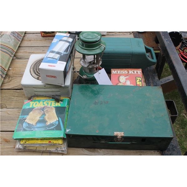 Colman lamp, toaster, camp stove, elec. Burner and thermos