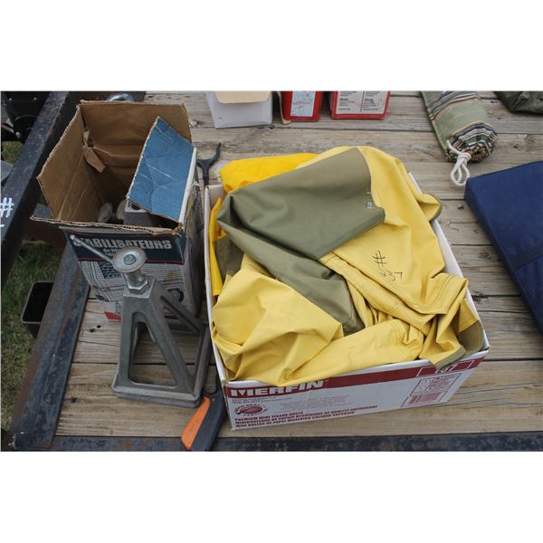 Rain gear and jack stands, tether ball c/w case