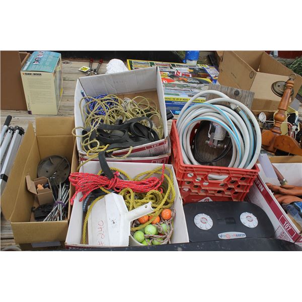Water hose, gloves, rope, wiring and misc.