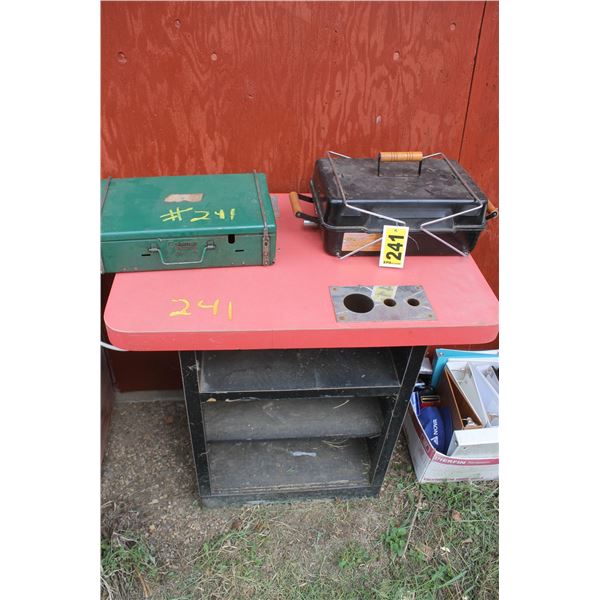 BBQ, camp stove and table and binders