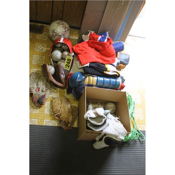 Base ball gloves, balls and sporting equipment