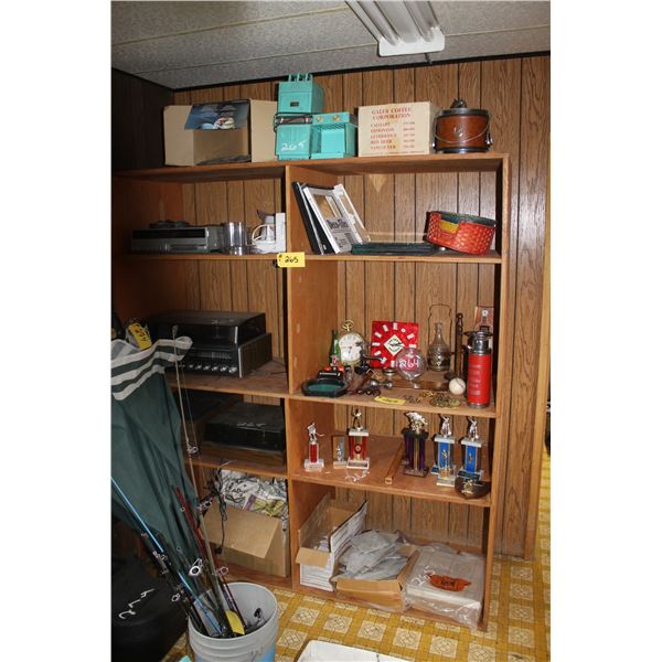 Wooden shelf unit c/w misc. items other than Lot #264