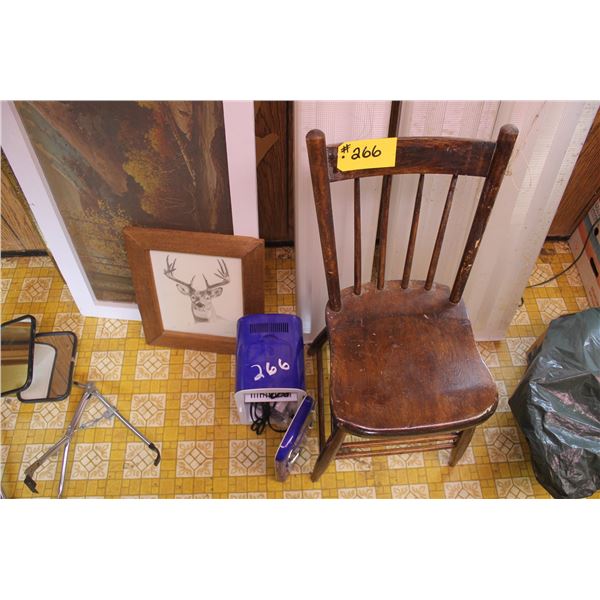 Wooden chair, cooler, and print