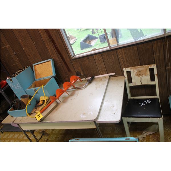 Table and chair and ice auger c/w qty of fishing sticks