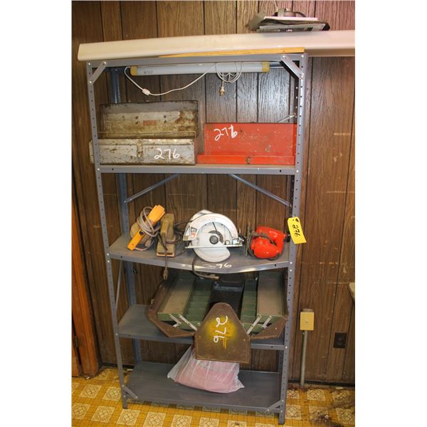 Metal shelf c/w tool boxes and elec. Tools