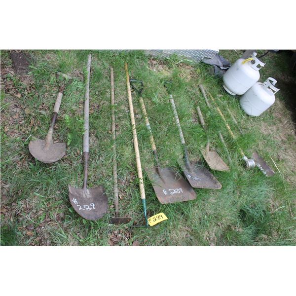 Qty of shovels, sledge hammer, sharp shooter, and hose