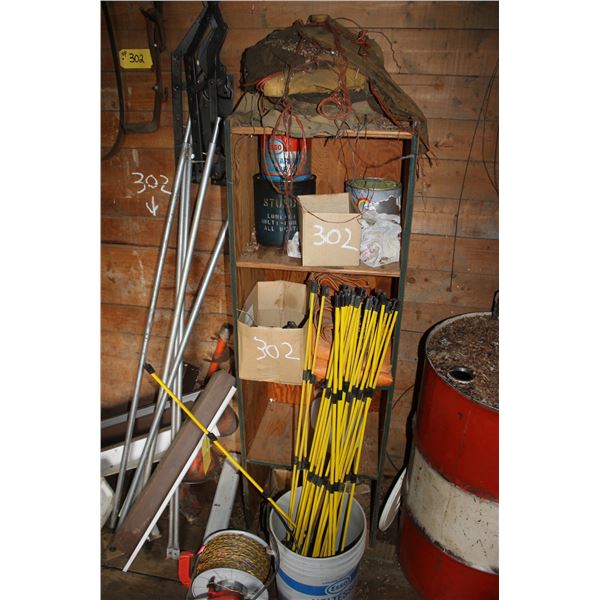Horseshoes, wood cabinet and misc. on cabinet