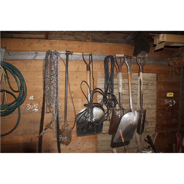 Ext. cords, garden hose, light chain, post auger, shovels, sharp shooter
