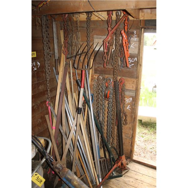 Pitch fork, chains & boomers, jack-all, picks and green log roller