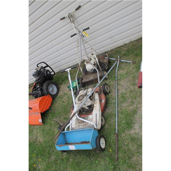 2- Old lawn mowers, spreader, and 2- old weed eaters