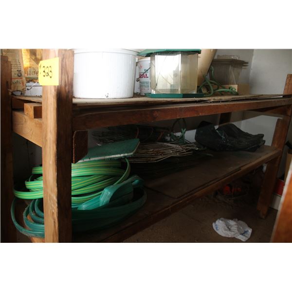 Wood counter c/w hose, bird feeders and misc.