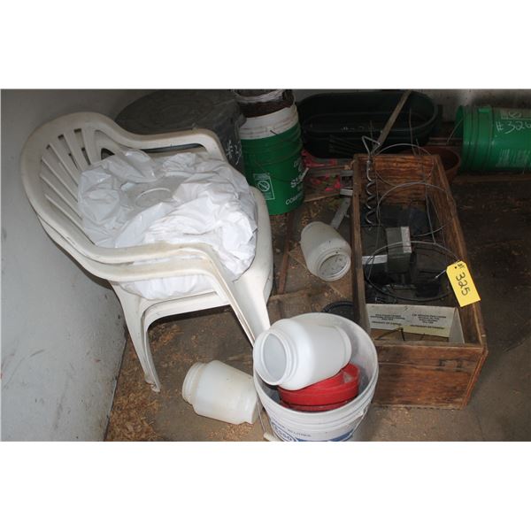 Mole traps, feeders, wood box, plastic chairs and planter