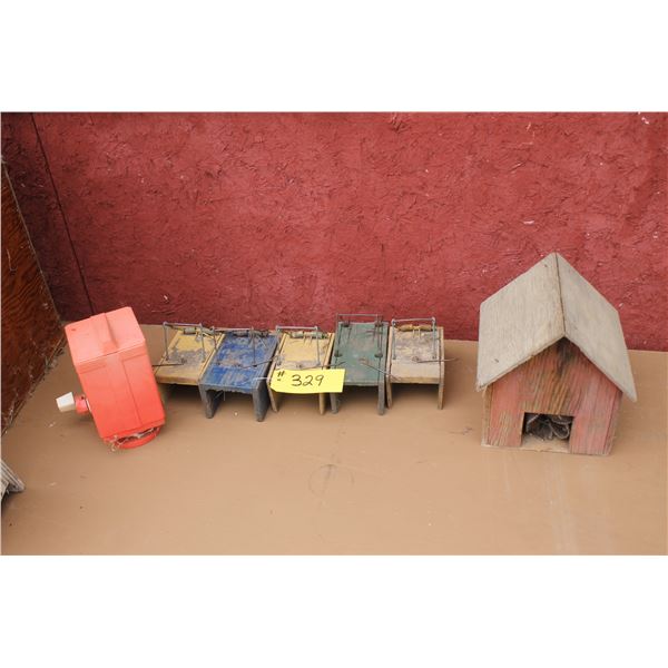 Mole traps, spreader and small wood house