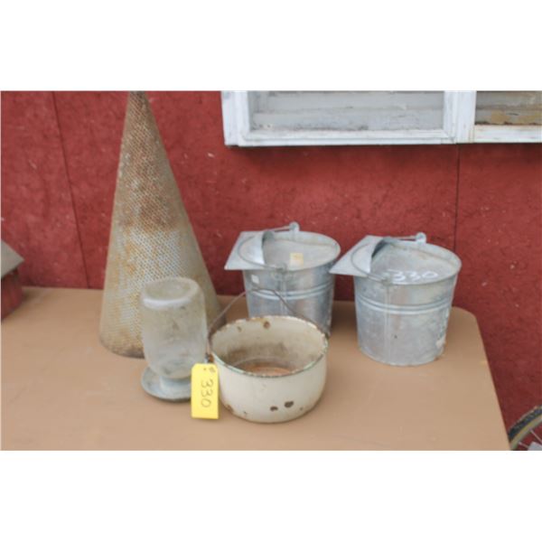 Chick waterer, pails, cone and table