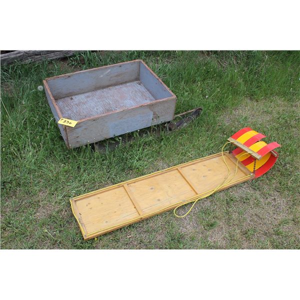 Toboggan and wood sleigh