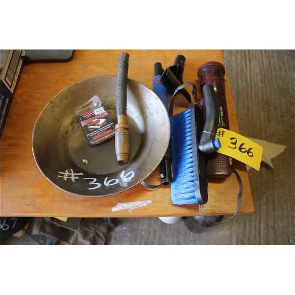 Pan for panning gold, moose collar, brush and light